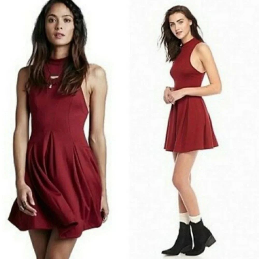 FREE PEOPLE Layla Red Sleeveless Knit Mini Skater POCKET Fit & Flare Dress EUC L